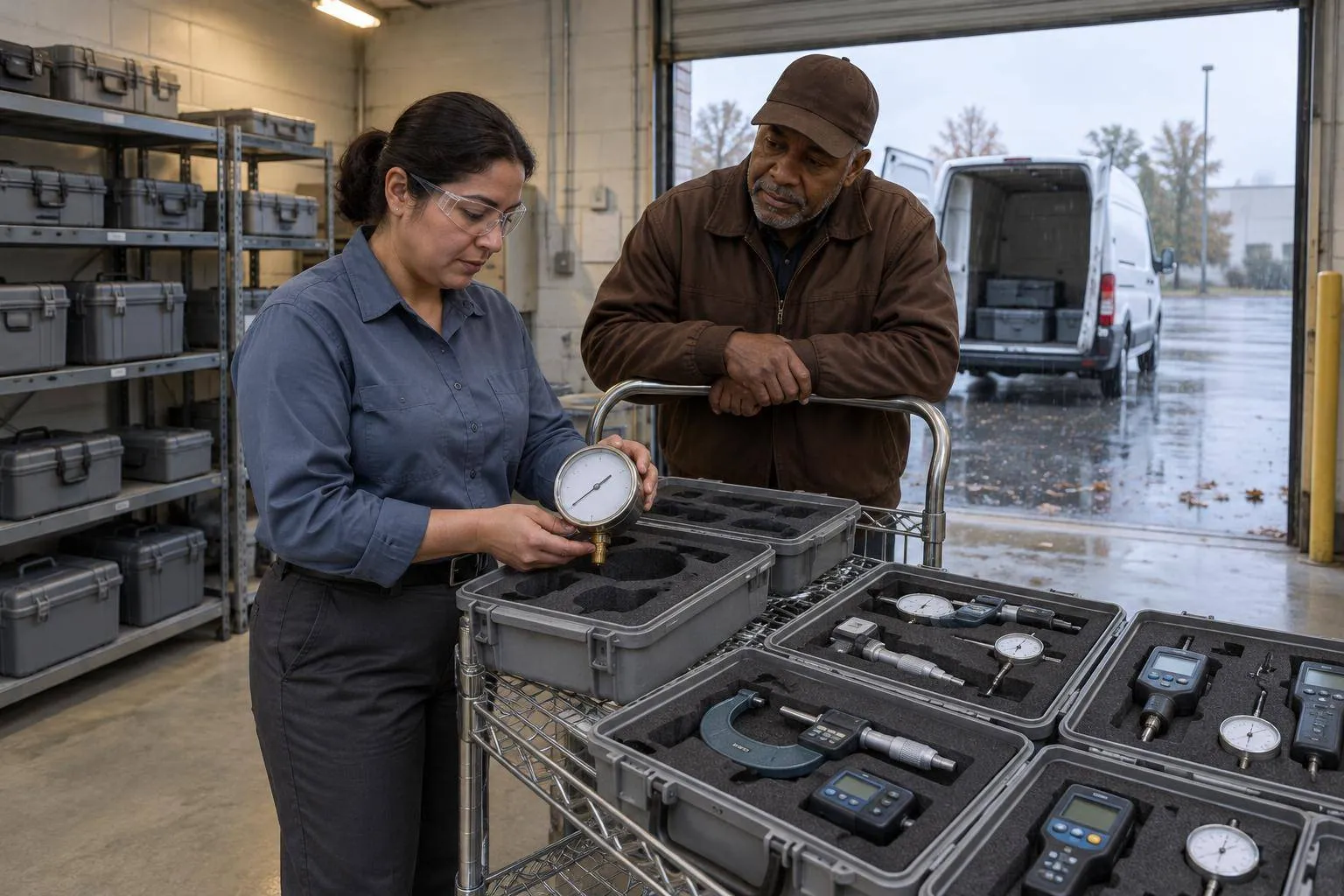 Two lab staff check in a cart of customer instruments in grey foam cases at a rainy loading dock.