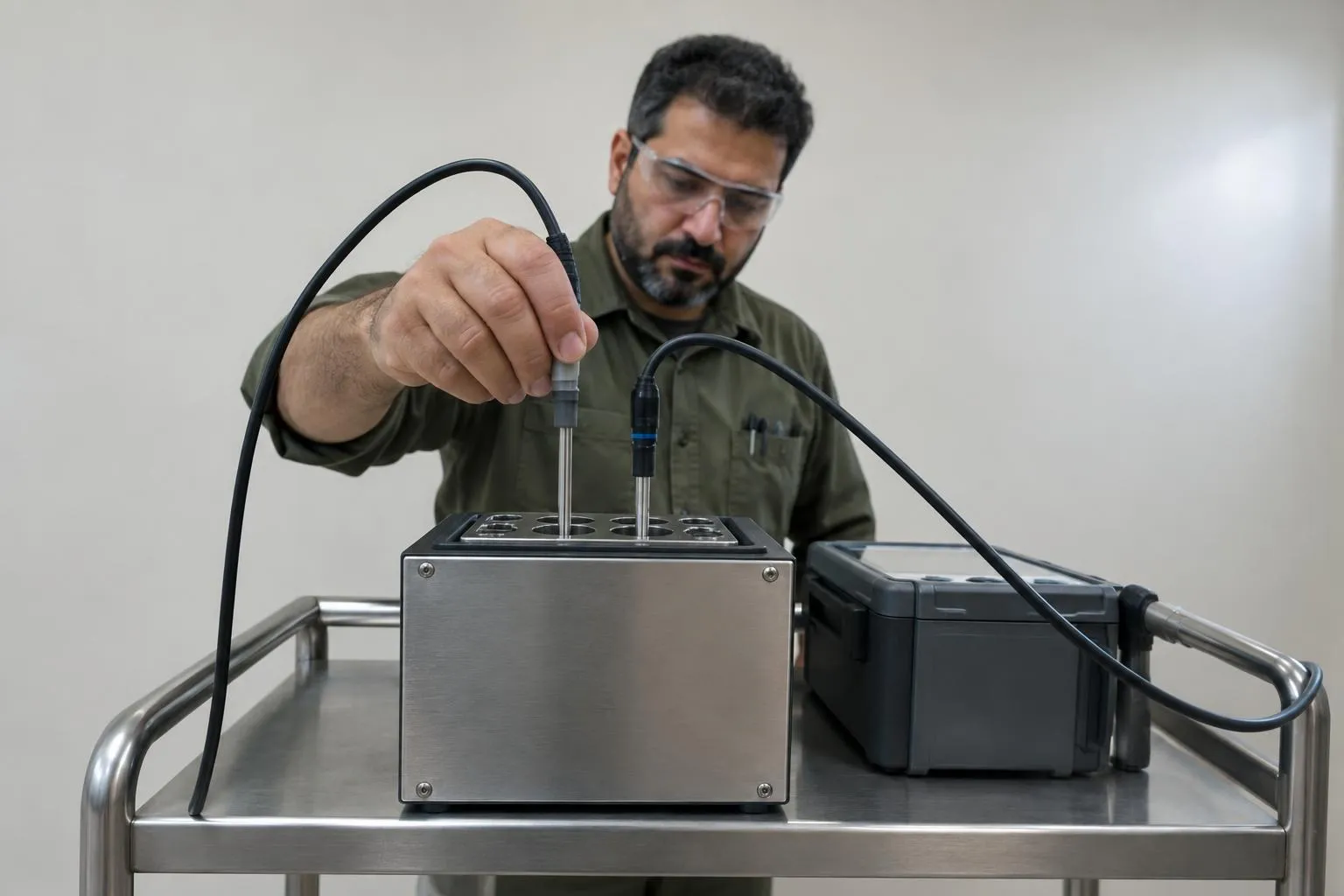 A technician seats a sterilizer temperature probe beside a reference probe in a portable calibrator at a hospital.