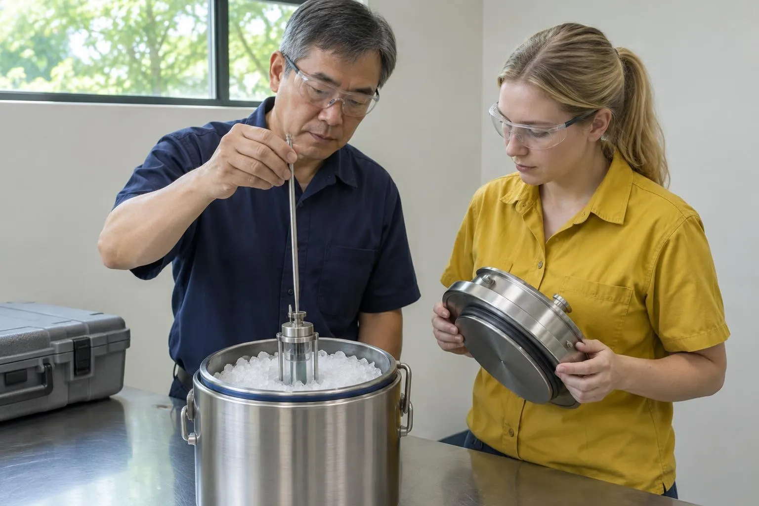 Two metrologists lower a slim reference thermometer into an ice-packed fixed-point cell in a calibration laboratory.